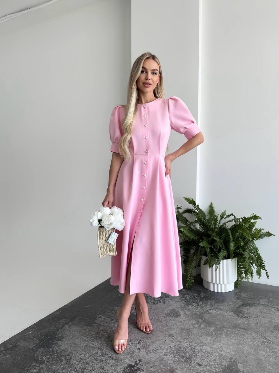Elegant Pink Midi Dress with Button Front for Special Occasions