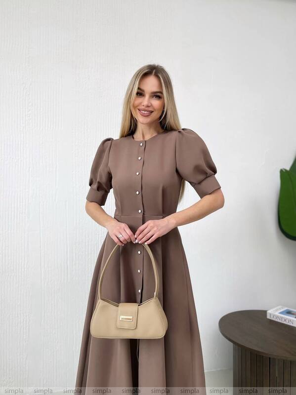 Elegant Brown Midi Dress with Puff Sleeves and Button Detail