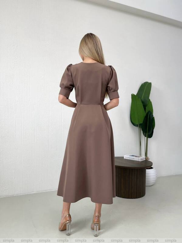 Elegant Brown Midi Dress with Puff Sleeves and Button Detail