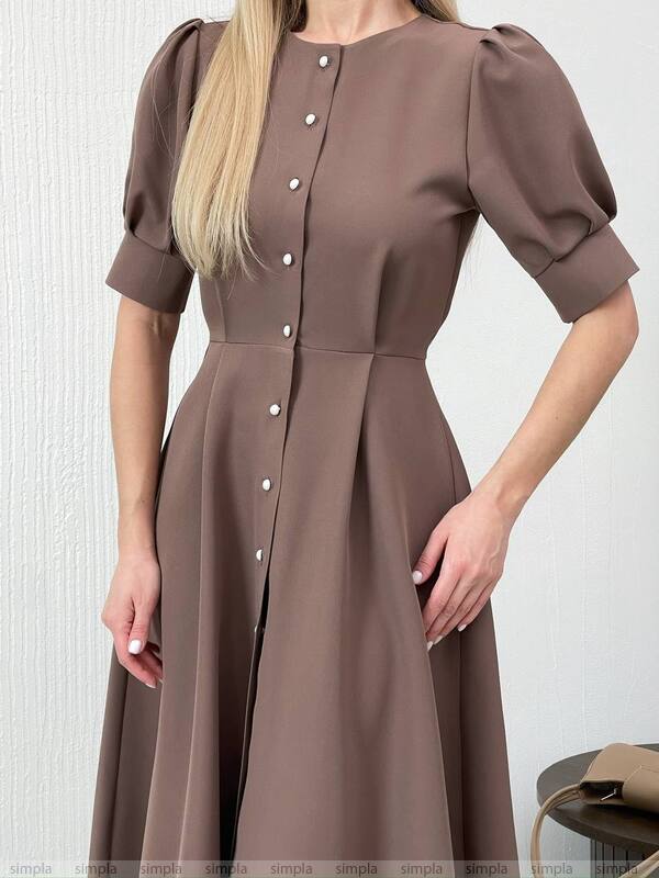 Elegant Brown Midi Dress with Puff Sleeves and Button Detail