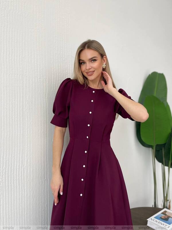Elegant Burgundy Midi Dress with Puff Sleeves and Button Front