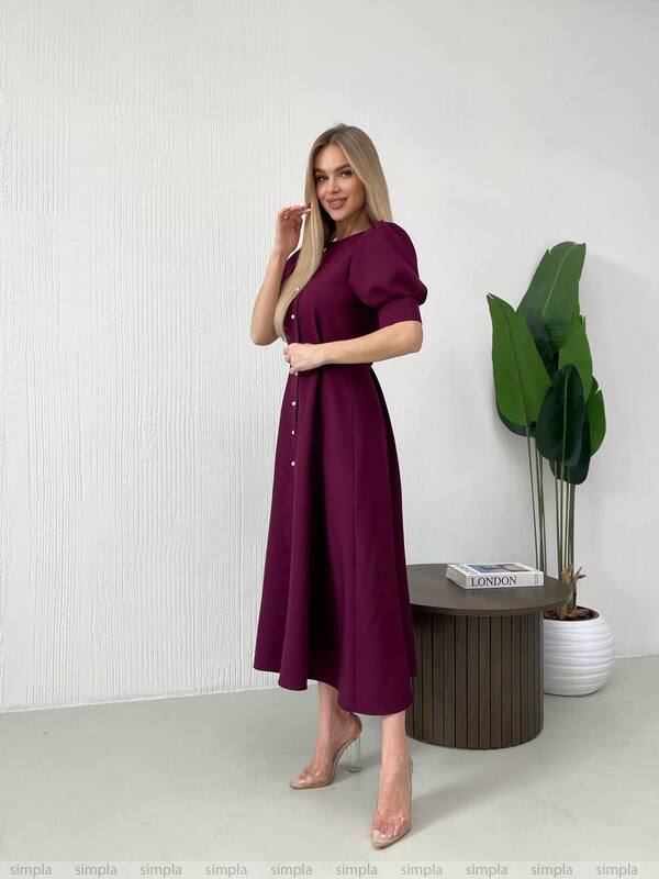 Elegant Burgundy Midi Dress with Puff Sleeves and Button Front