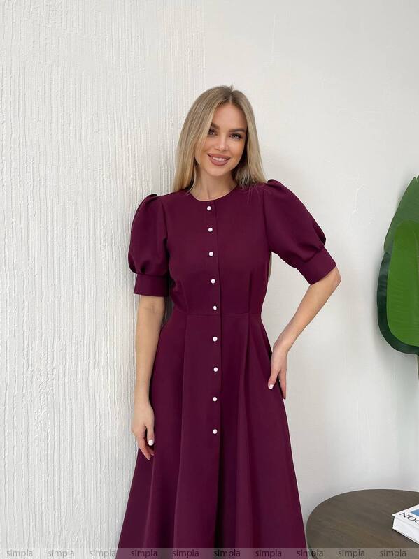 Elegant Burgundy Midi Dress with Puff Sleeves and Button Front