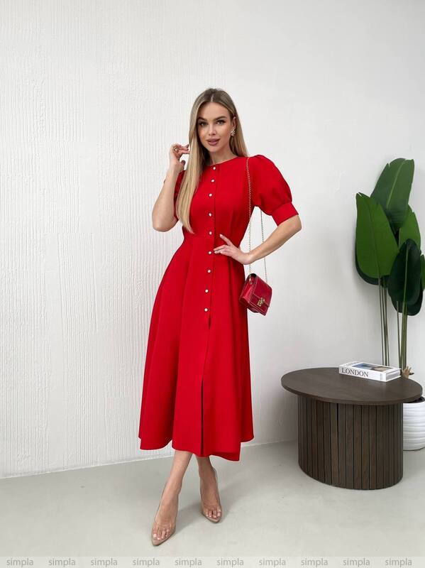 Elegant Red Midi Dress with Button Front and Puff Sleeves