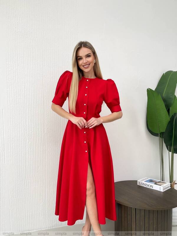 Elegant Red Midi Dress with Button Front and Puff Sleeves