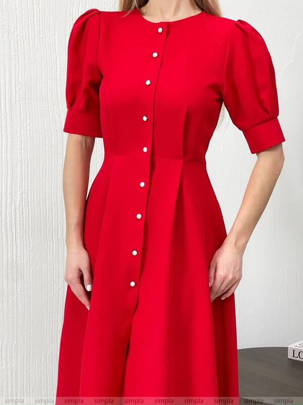 Elegant Red Midi Dress with Button Front and Puff Sleeves