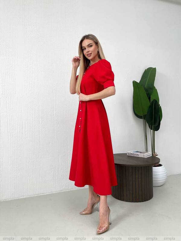 Elegant Red Midi Dress with Button Front and Puff Sleeves