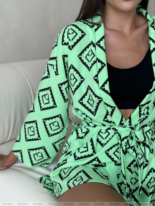 Womens Green Patterned Soft Fabric Kimono Set with Shorts