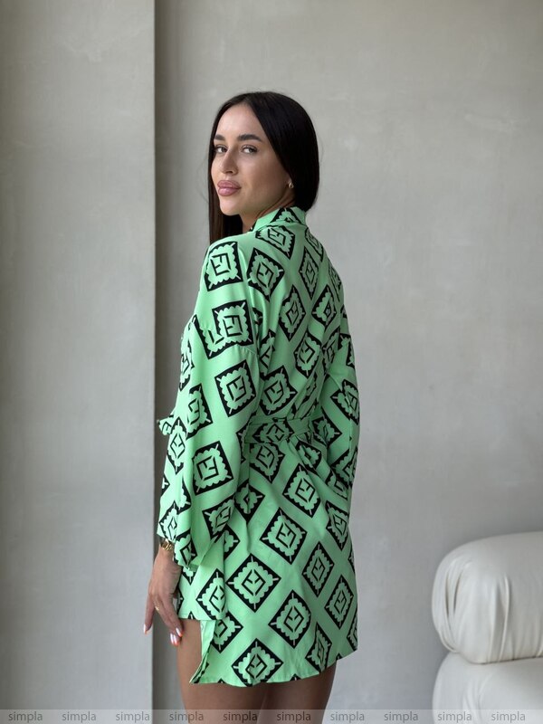Womens Green Patterned Soft Fabric Kimono Set with Shorts