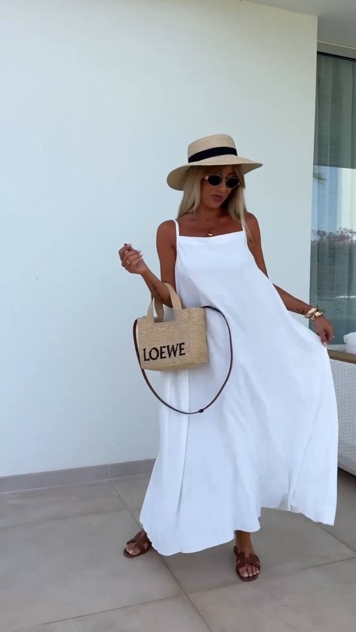 Lightweight Loose Fit White Summer Sarafan Dress with Pockets and Waist Tie