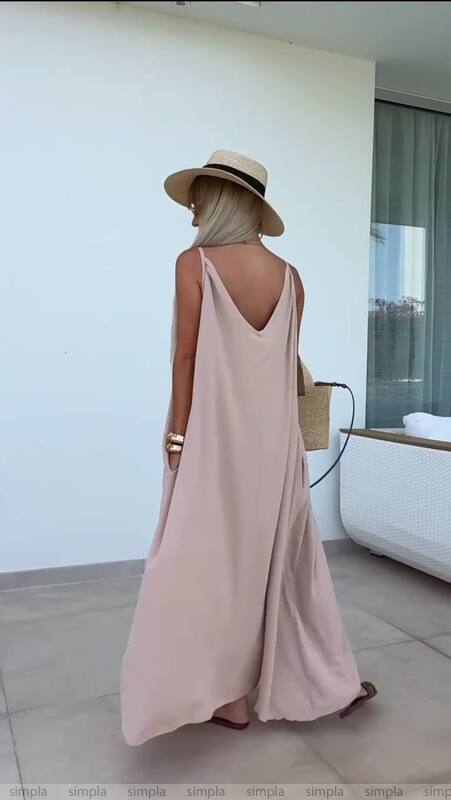 Lightweight Soft Fabric Summer Maxi Dress with Pockets and Waist Tie