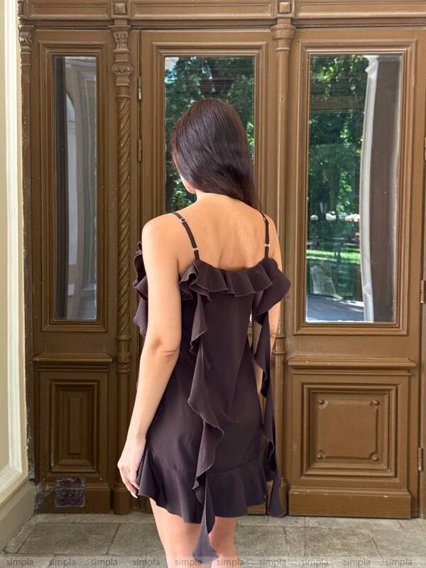Woman wearing a dark brown dress with ruffled details standing in front of a wooden door.