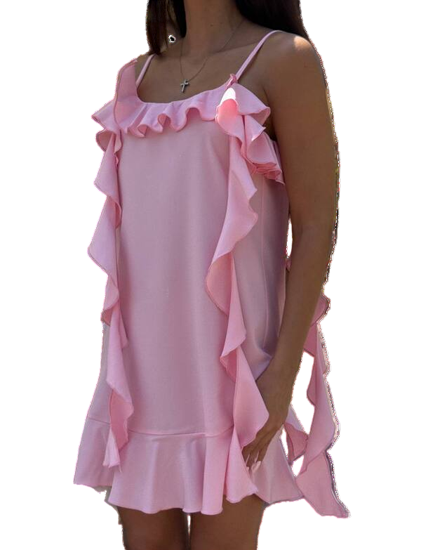 Pink ruffled dress worn by a person on a white background