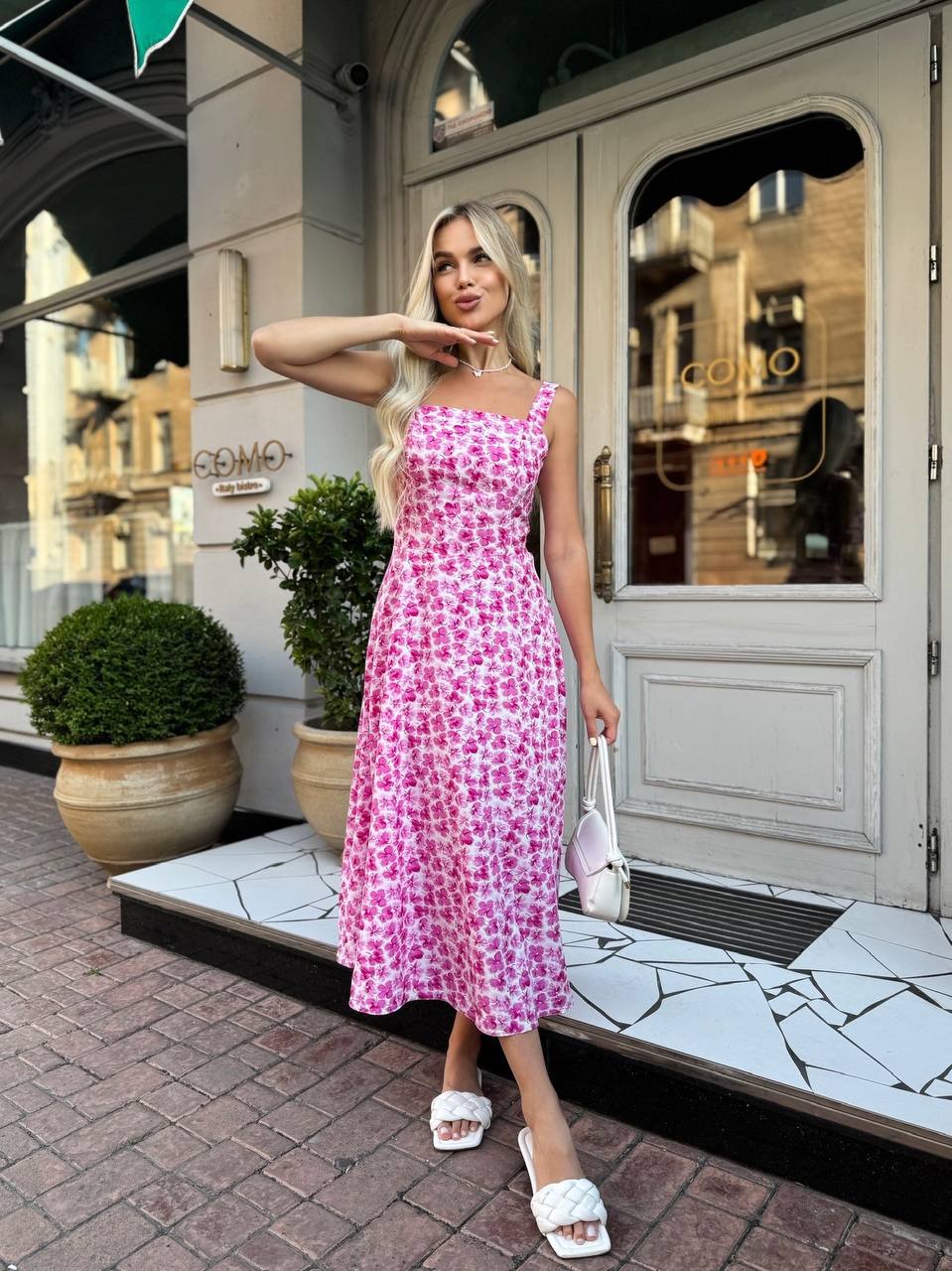 Pink Floral Print Midi Dress with Unique Back Design