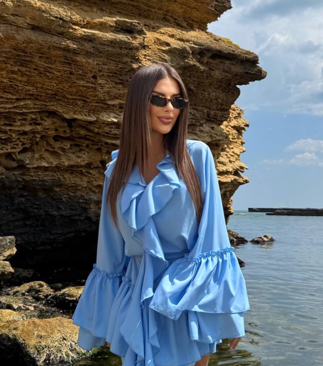 Boho Style Light Blue Dress with Ruffles Super Soft Fabric