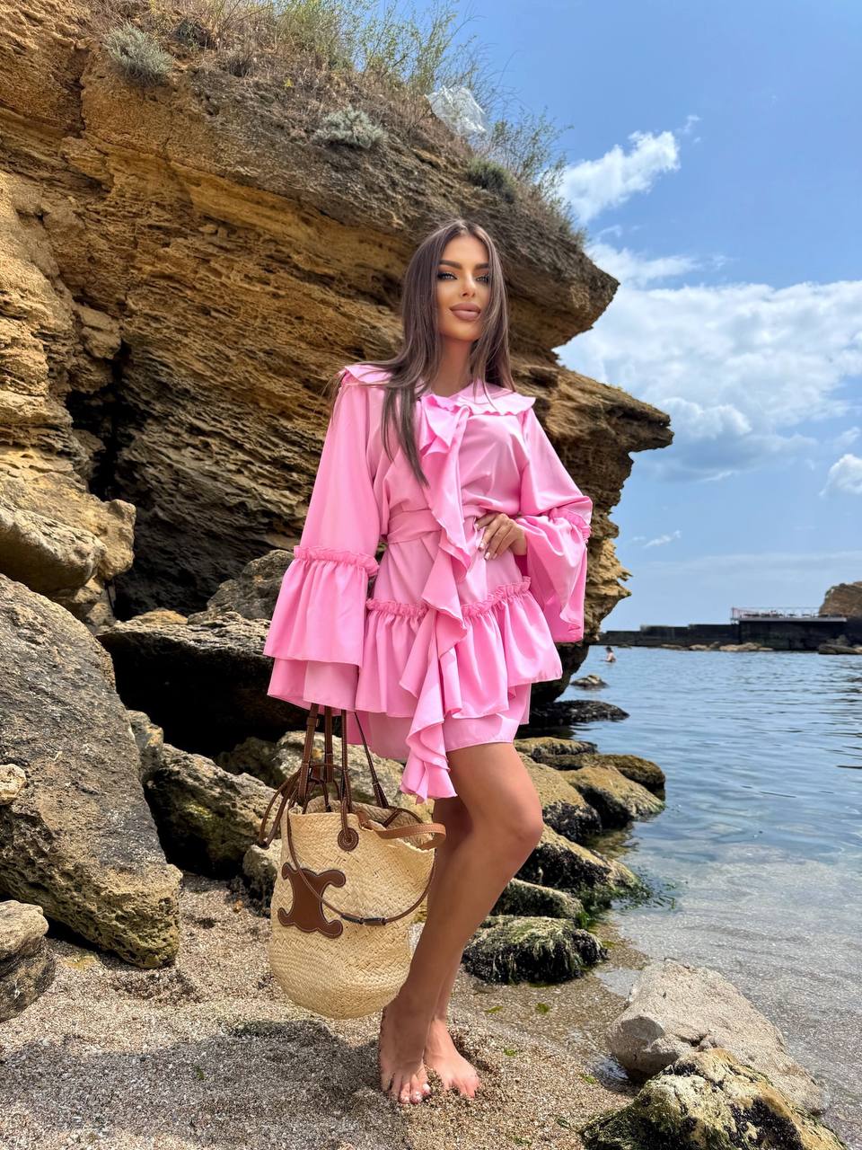 Pink Boho Style Ruffled Dress Super Soft Fabric