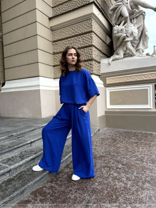 Womens Stylish Blue Wide Leg Culottes and Loose Fit Top Set