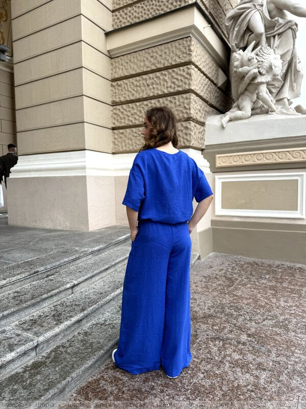 Womens Stylish Blue Wide Leg Culottes and Loose Fit Top Set