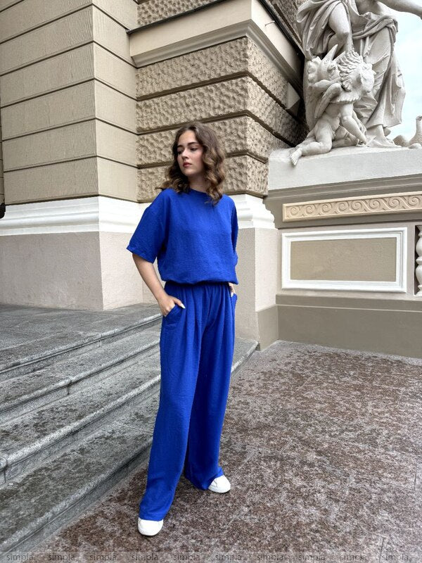 Womens Stylish Blue Wide Leg Culottes and Loose Fit Top Set