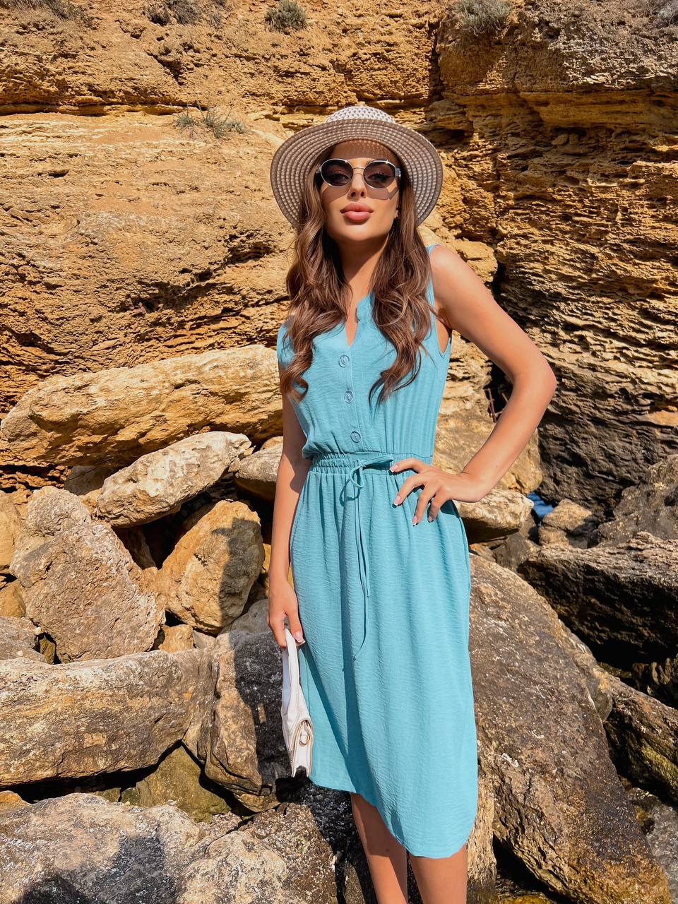 Lightweight Blue Midi Dress in American Crepe Fabric