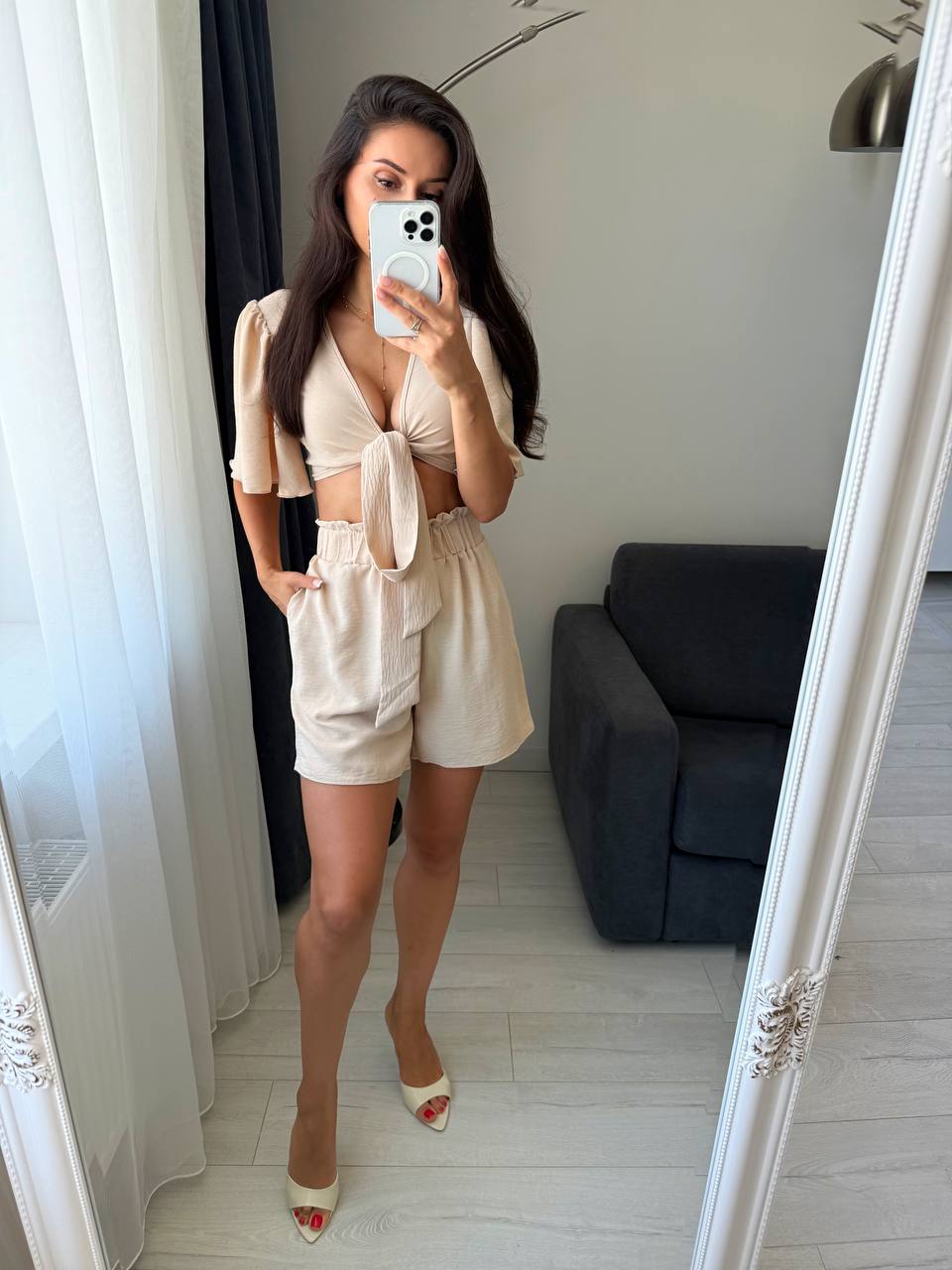 Lightweight Beige Two-Piece Set Top and Shorts