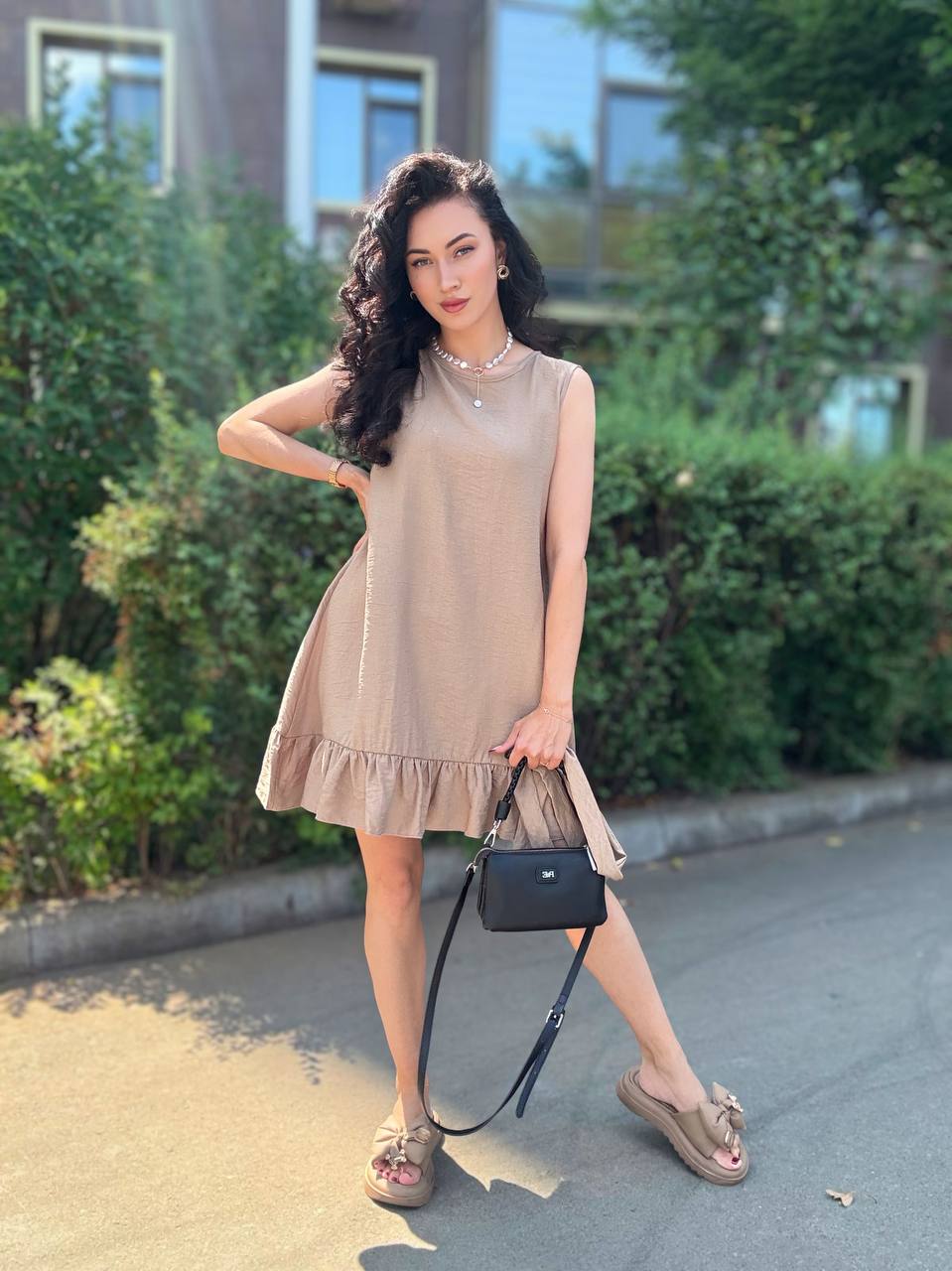 Beige Linen Textured Sleeveless Dress with Belt