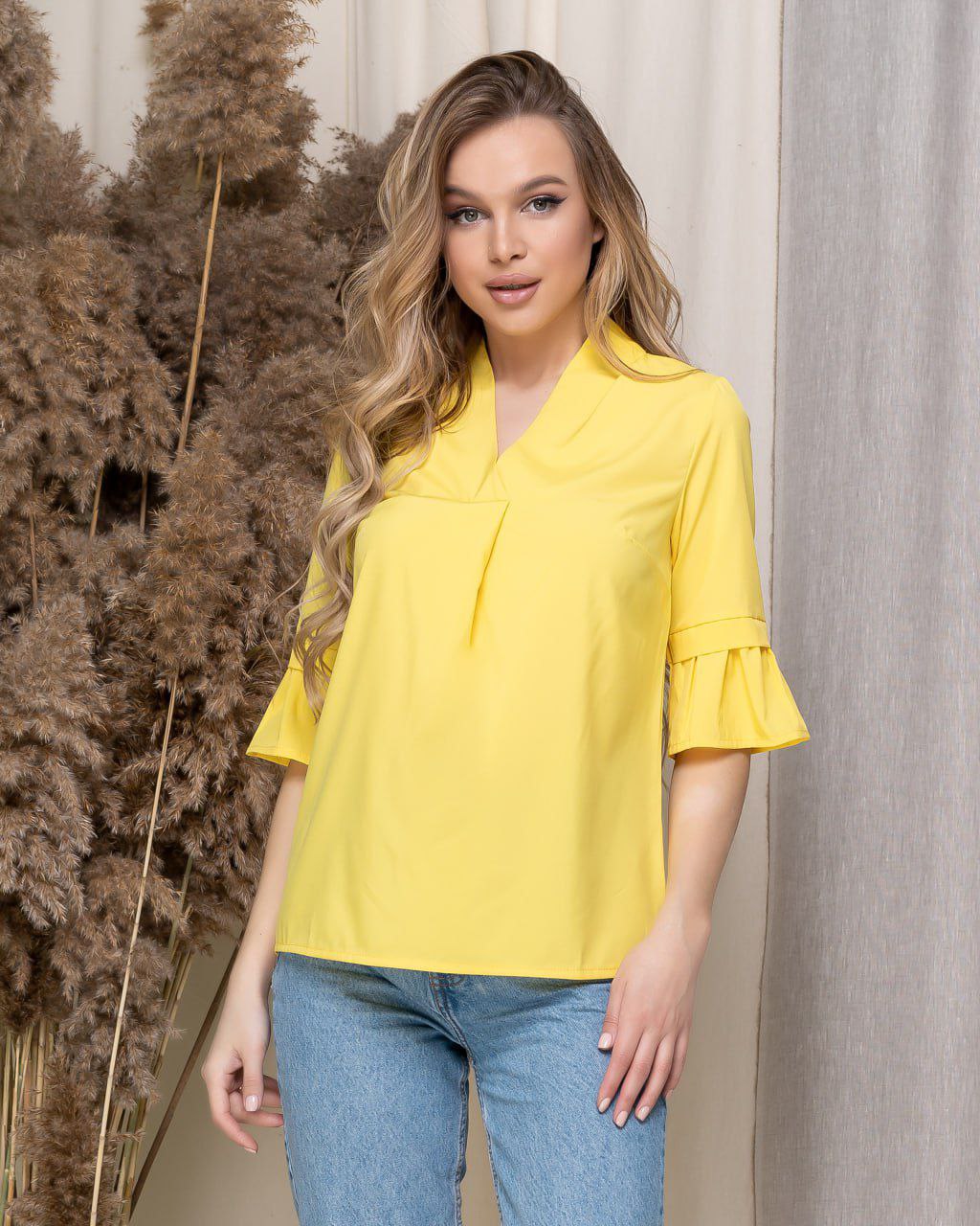 Yellow Women's Soft Turkish Fabric Blouse with V Neck and 3/4 Sleeves