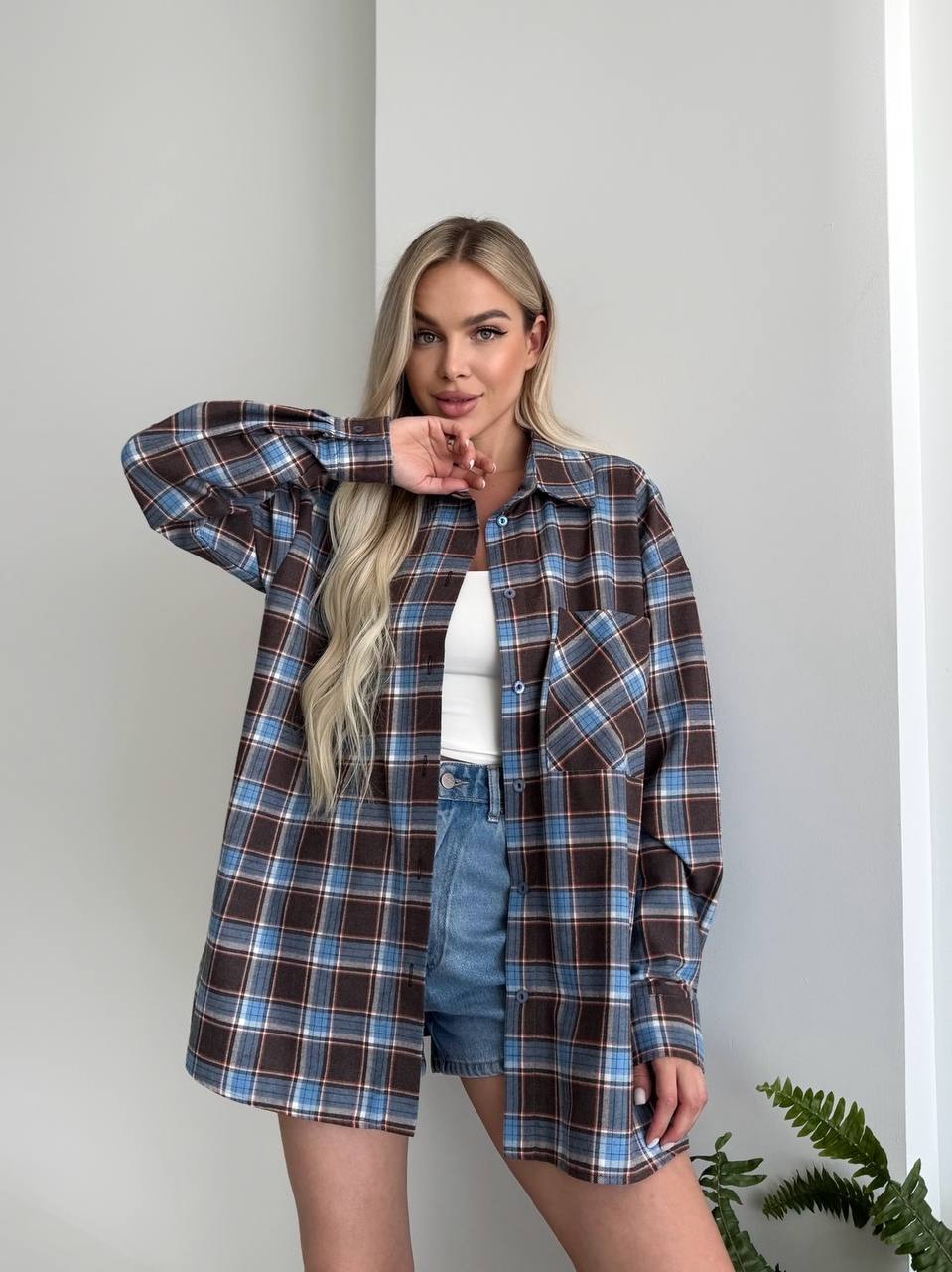 Oversize Flannel Shirt Blue Brown Plaid Casual Top