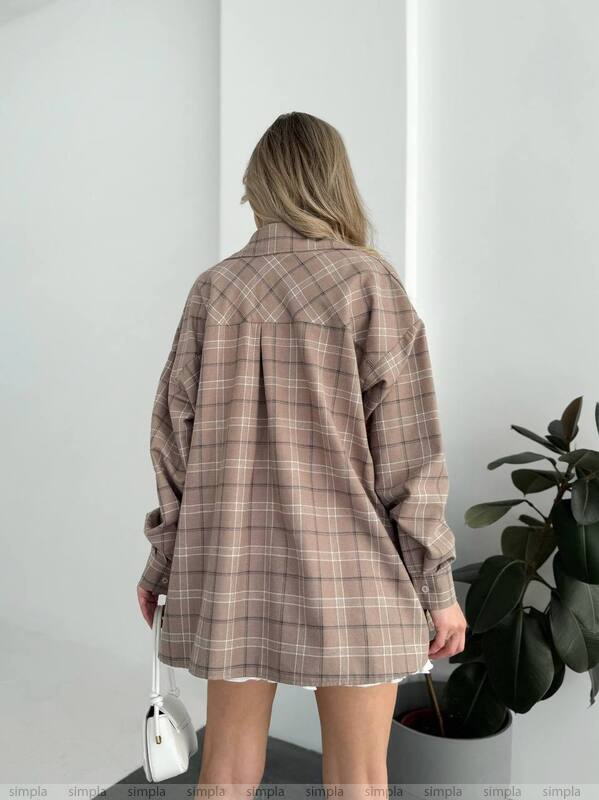Person wearing a plaid shirt in a minimal indoor setting with a plant.