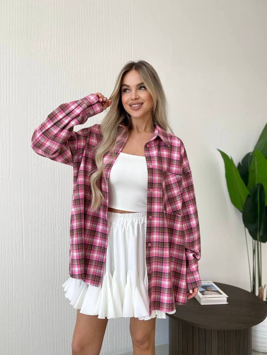 Oversized Pink Plaid Flannel Shirt for Women