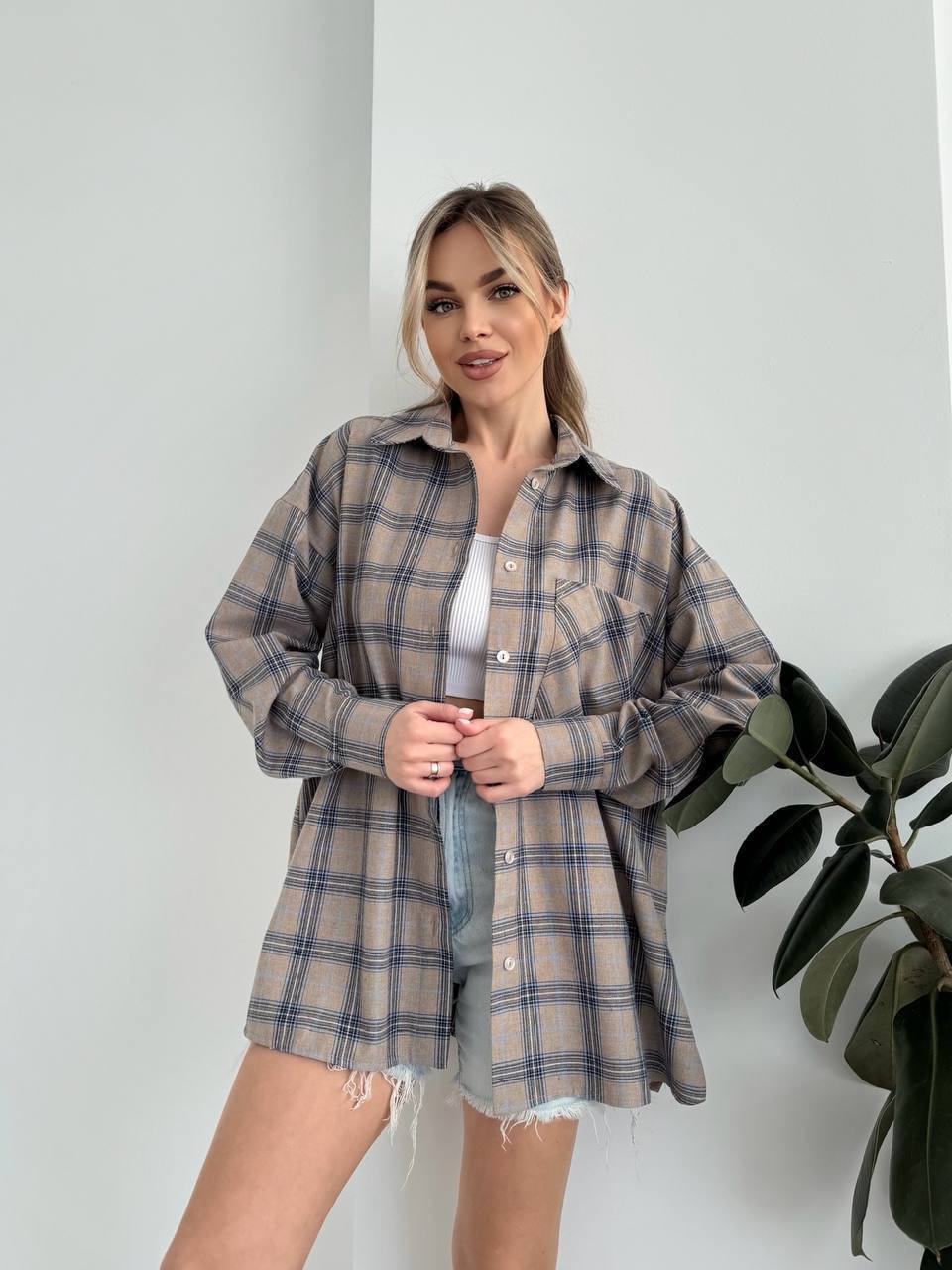 Oversized Plaid Flannel Shirt for Women Beige and Blue