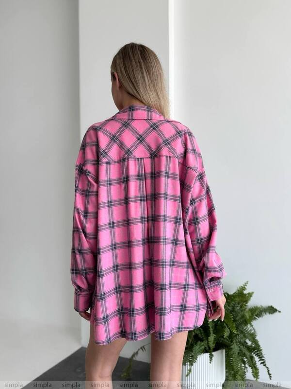 Person wearing a pink plaid shirt in a minimal indoor setting with a plant.