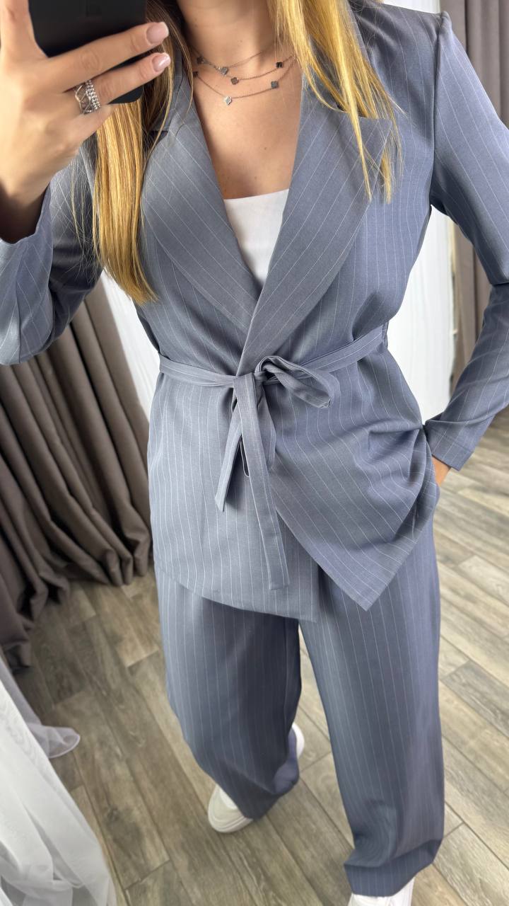 Womens Gray Pinstripe Cotton Suit Loose Fit Jacket and Pants