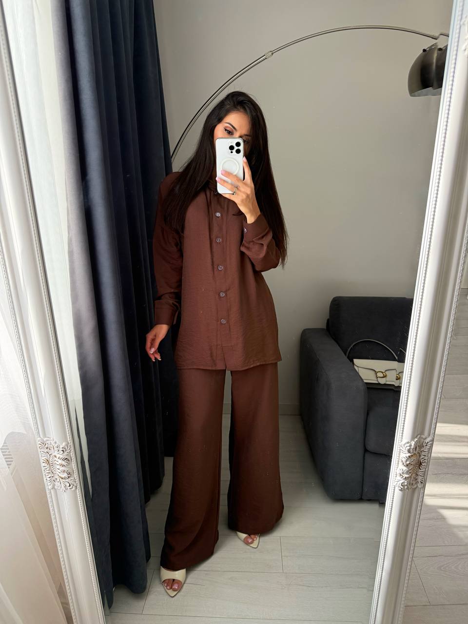 Brown Two-Piece Linen Suit with Button-Up Shirt and Wide Leg Pants