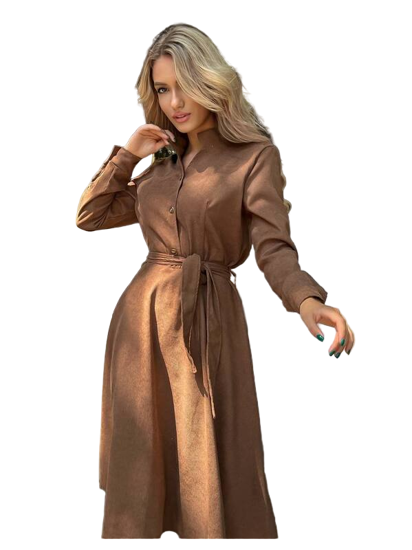 Brown Corduroy Midi Dress with Belt for Autumn