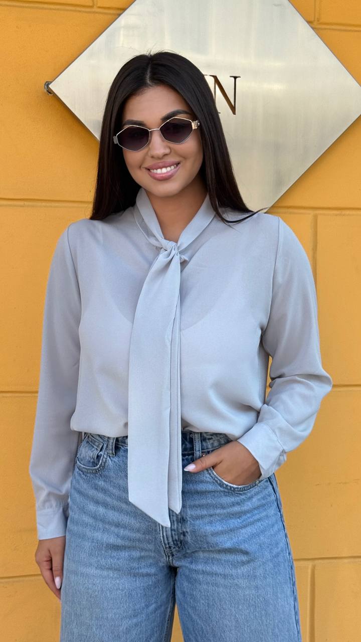 Light Grey Crepe Chiffon Blouse with Tie Collar