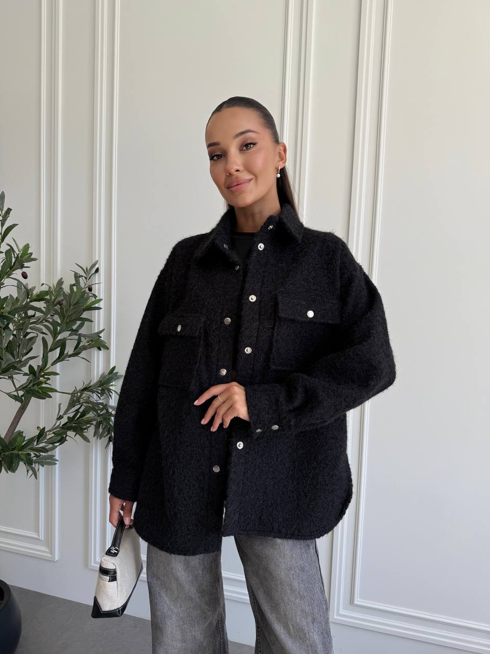 Stylish Black Wool Boucle Shirt Jacket for Women