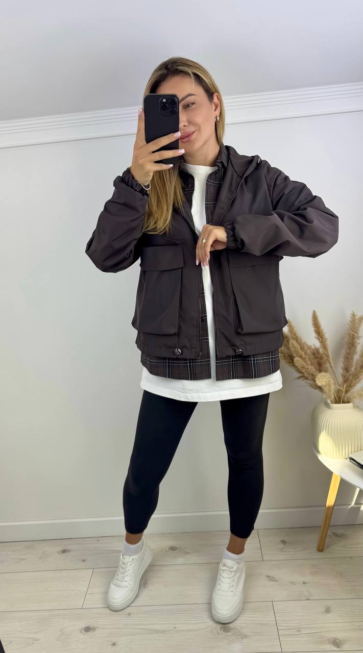 Women's Black Hooded Windbreaker Jacket with Adjustable Drawstrings