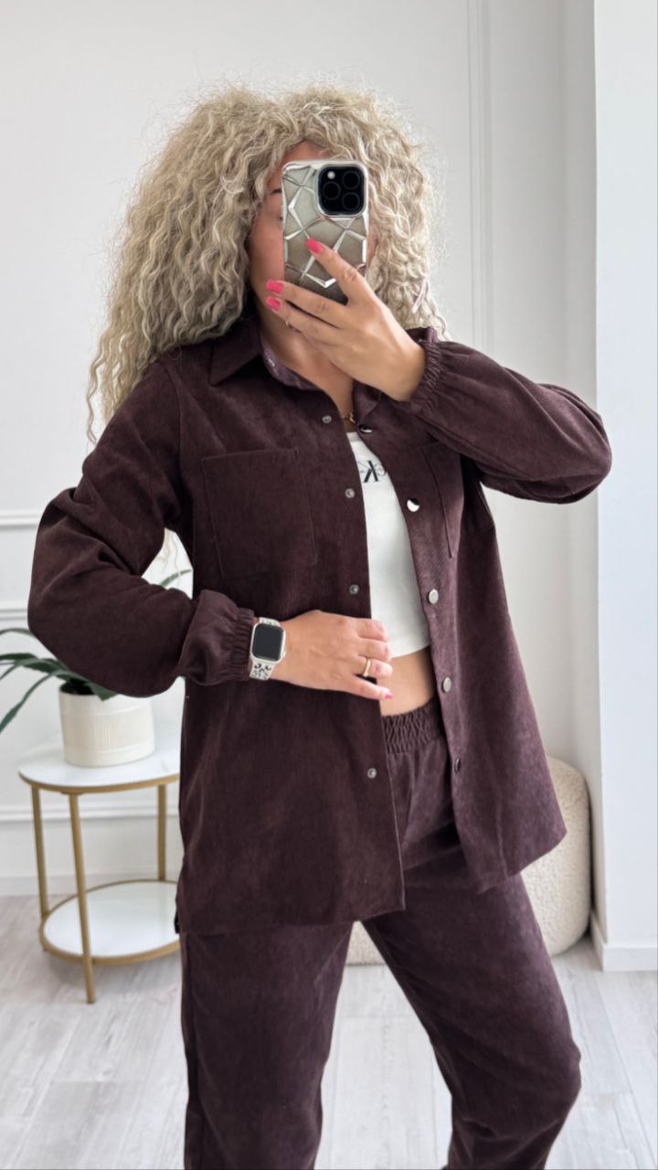 Person wearing a brown corduroy outfit taking a mirror selfie.