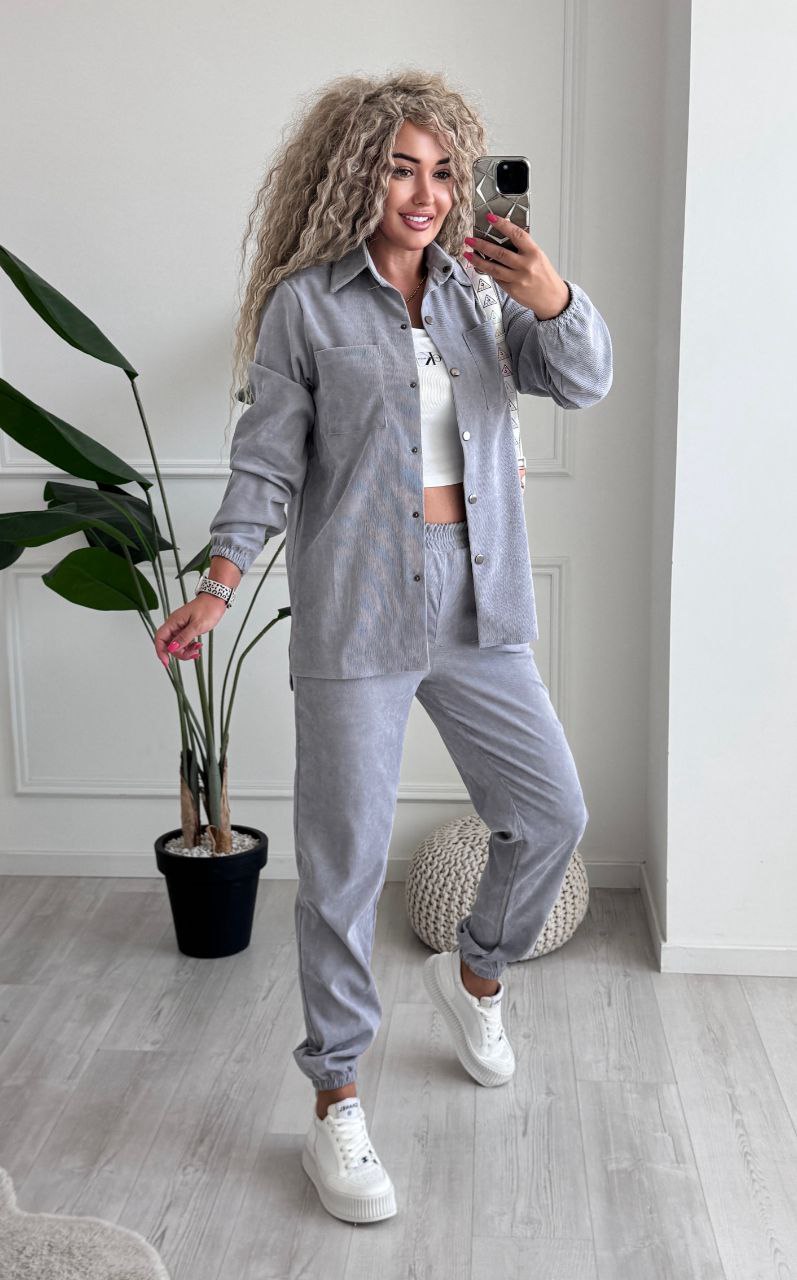 Woman taking a mirror selfie wearing a gray outfit in a room with a plant and rug.