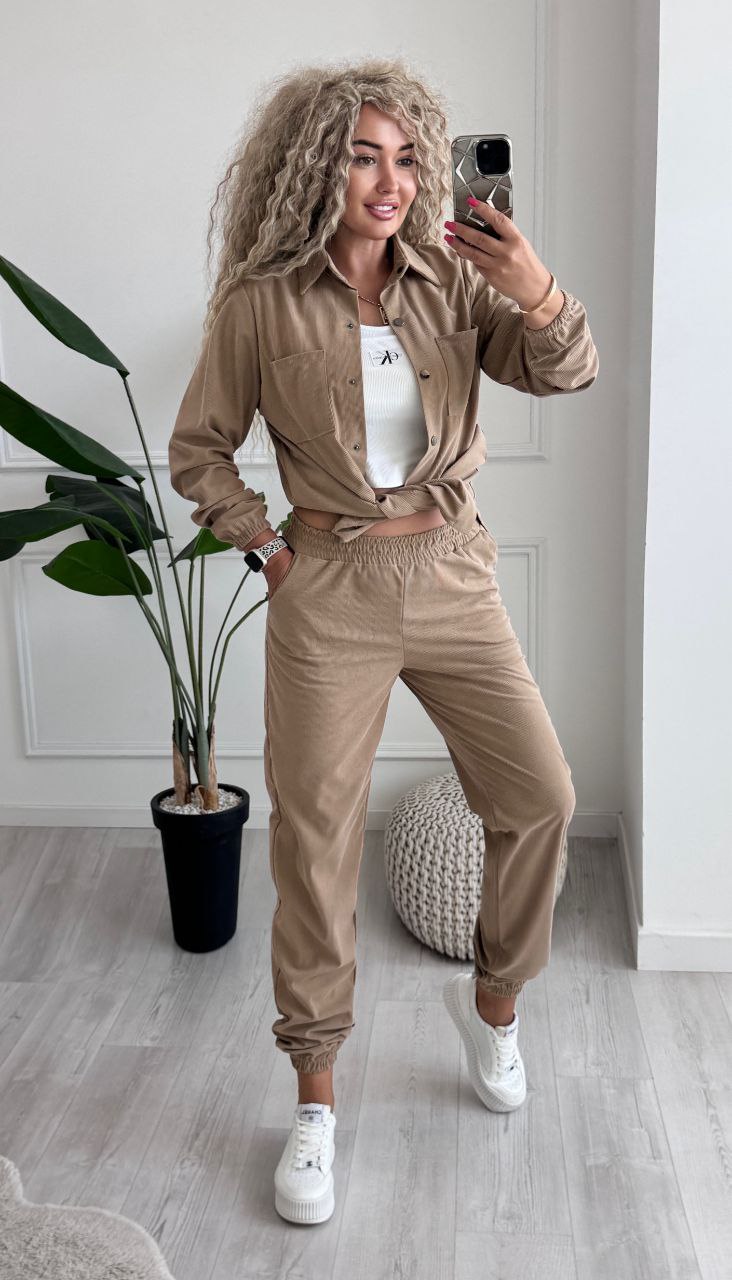 Woman taking a selfie in a beige tracksuit standing in a room with a plant and rug.