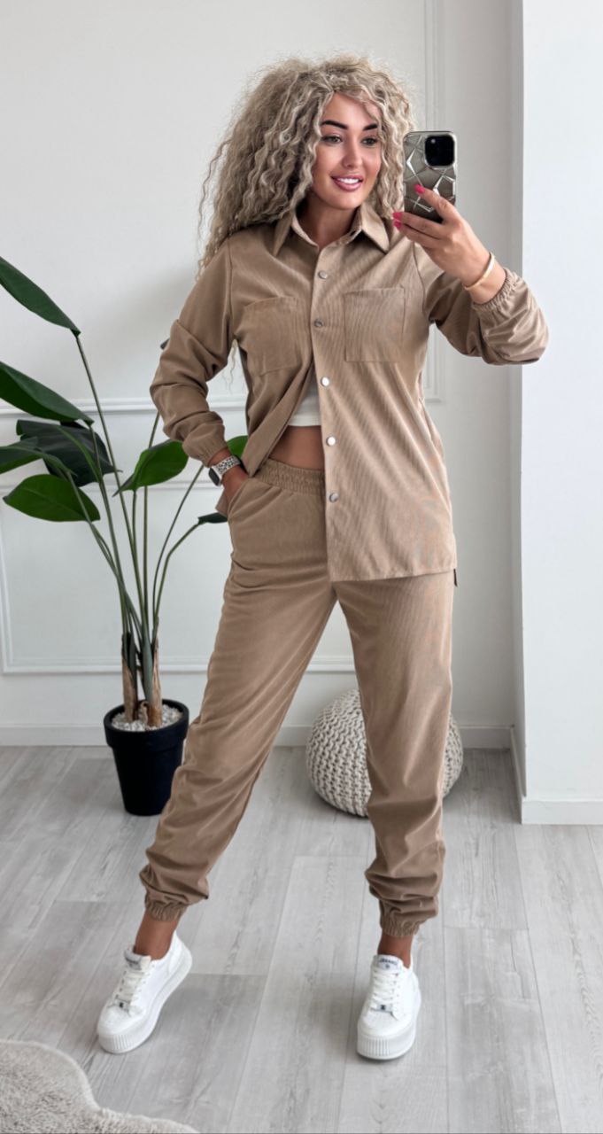 Woman in a beige outfit taking a mirror selfie in a room with a plant and rug.