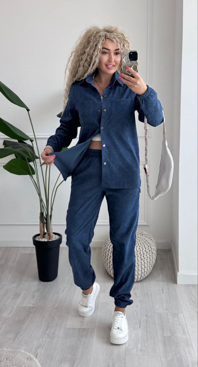 Woman taking a mirror selfie wearing a blue outfit in a room with a plant and rug.