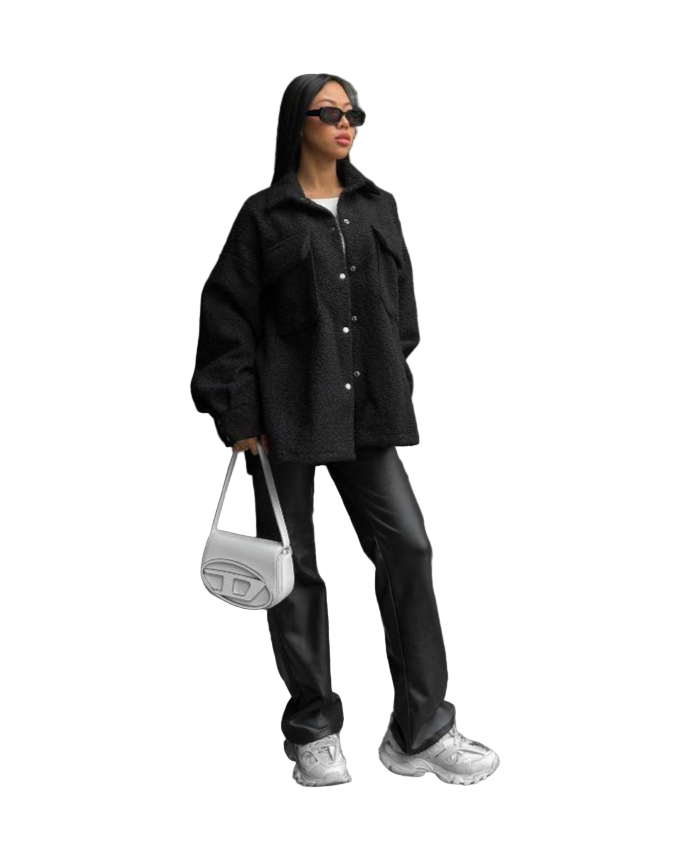 Black Oversize Fluffy Fur Shirt Teddy Shacket for Women