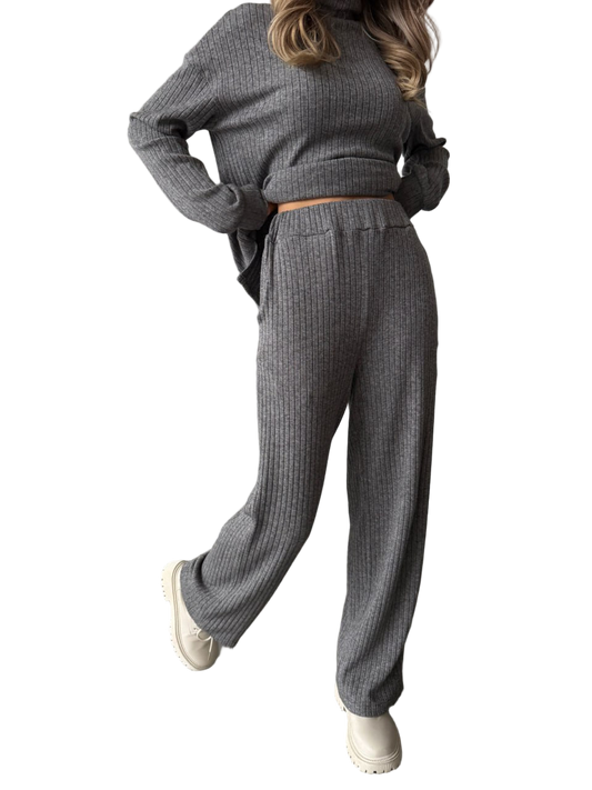 Grey Ribbed Knit Two Piece Set Sweater and Flared Pants Loungewear