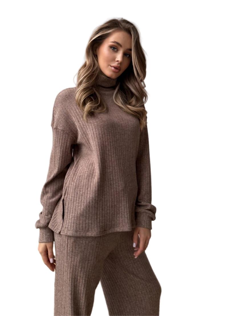 Brown Ribbed Knit Loungewear Set Womens Cozy Sweater and Flared Pants