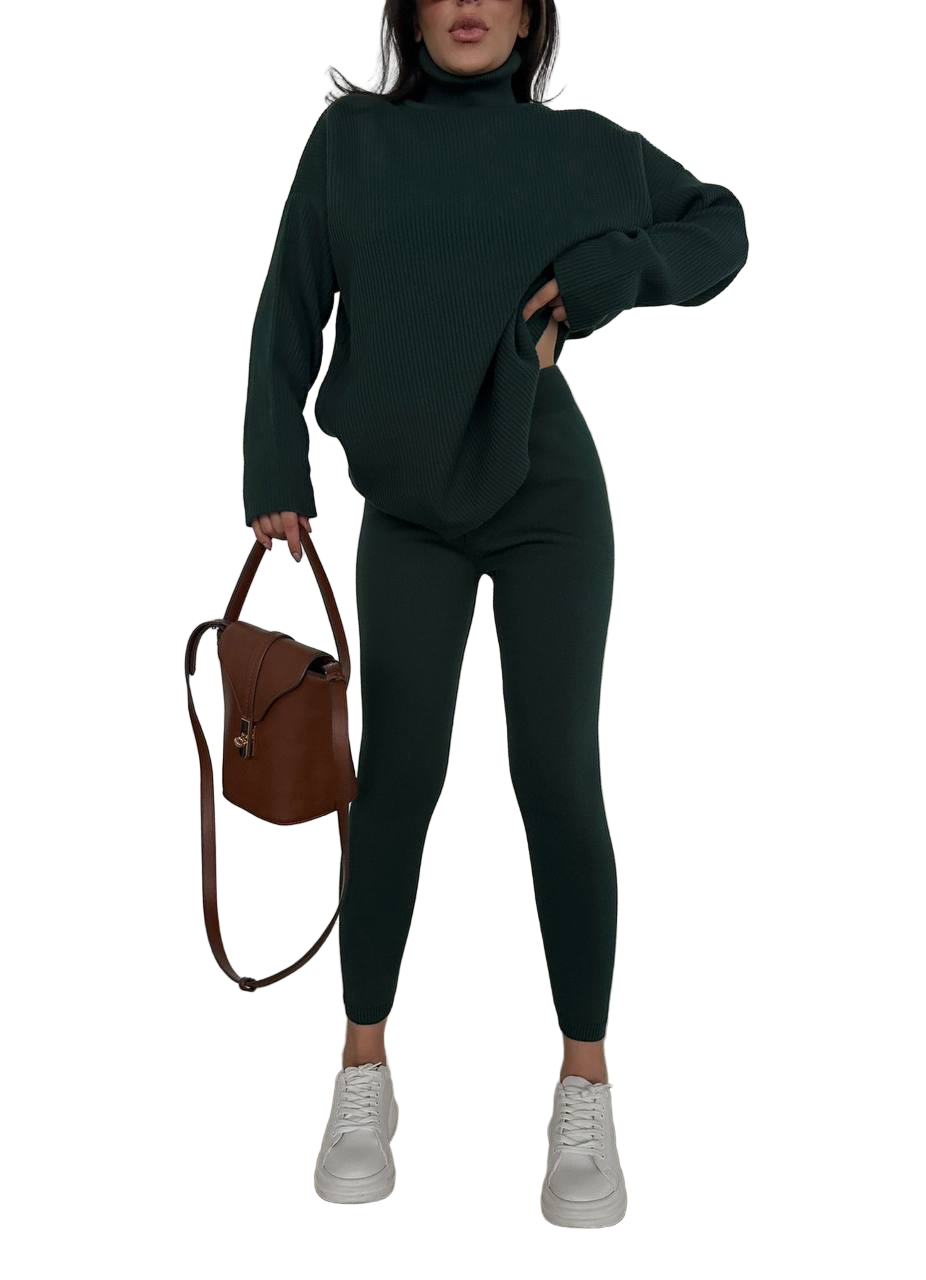 Forest Green Ribbed Oversized Turtleneck Sweater and Shaping Leggings Set
