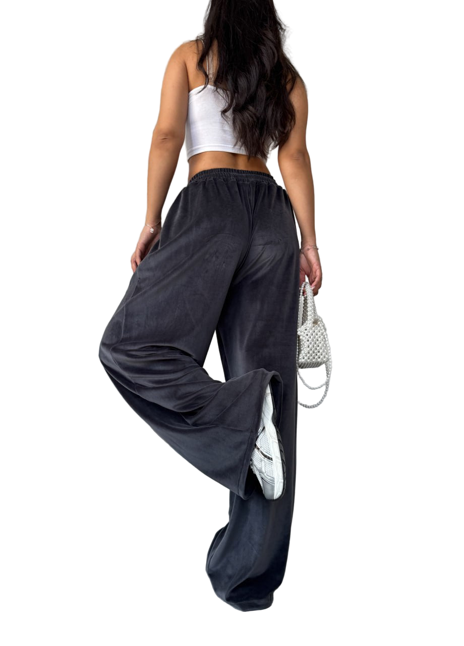 Velour High Waist Wide Leg Trousers Charcoal