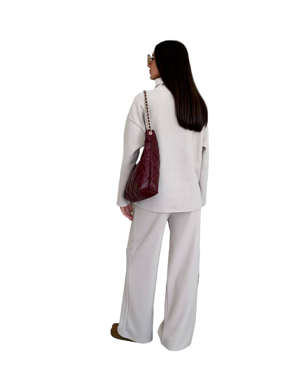 Beige Oversized Knit Sweater and High Waist Wide Leg Pants Set - Cotton Spandex Loungewear