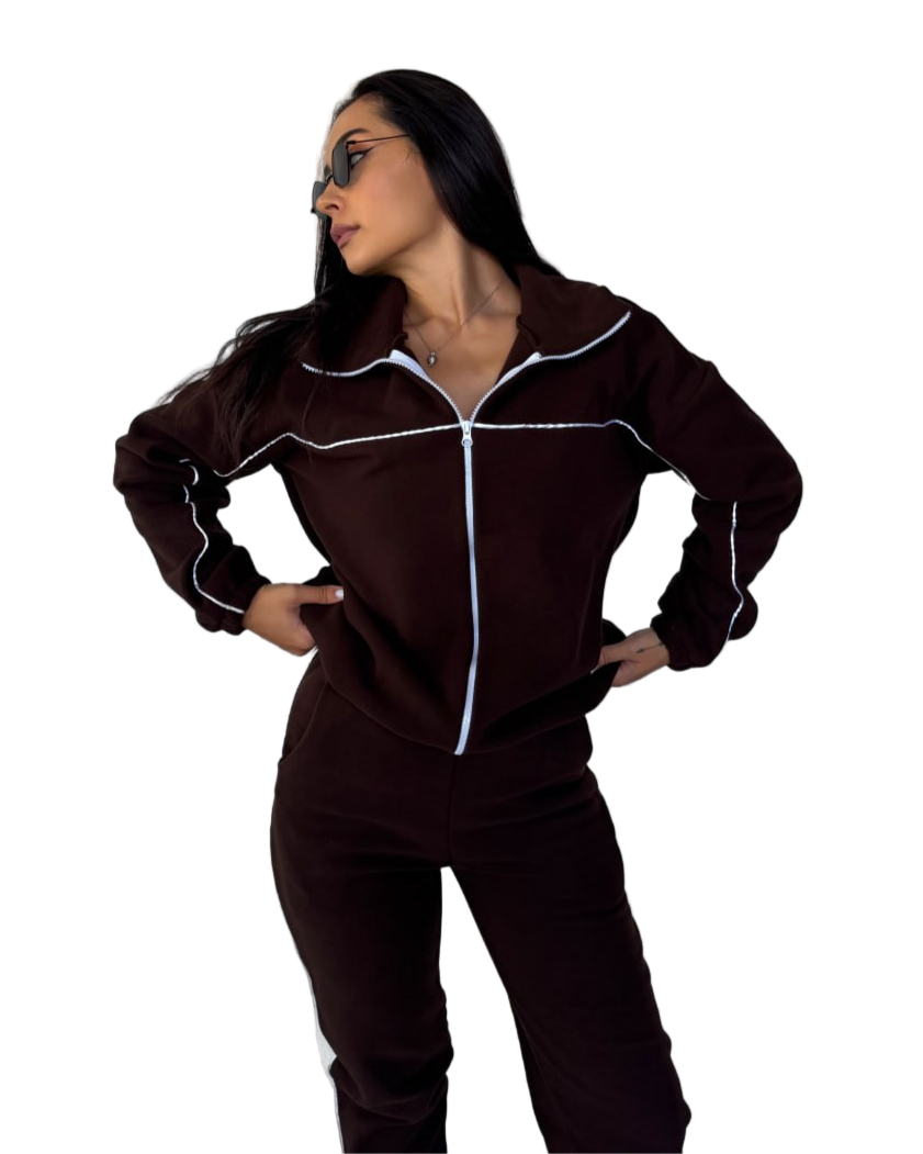 Brown Turkish Fleece Tracksuit Set Women Jogger Zip Jacket and Pants